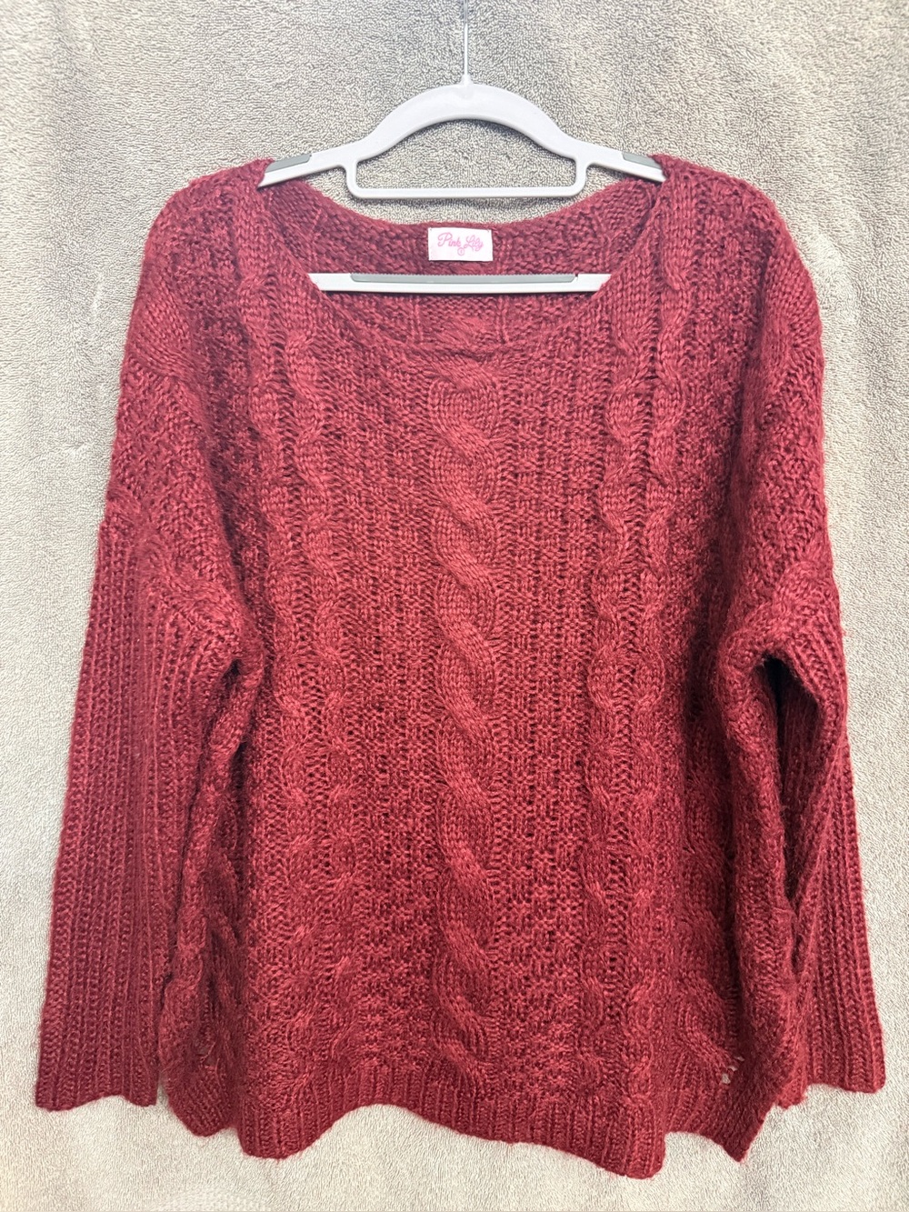 Pink Lily Cable Knit Scoop Neck Sweater - Burgundy Red
